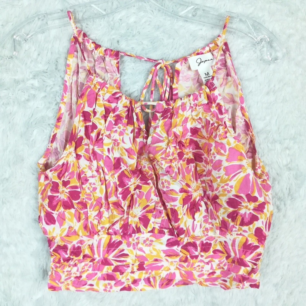 Japna Womens Top Blouse Cropped Floral Pink Sleeveless Tank Rouched M New